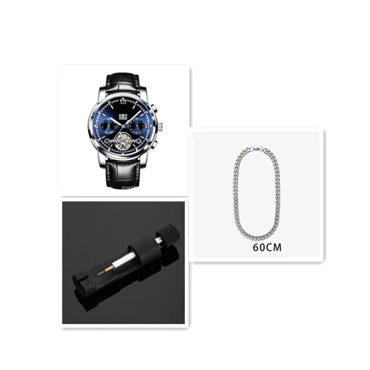 Elegant men's wristwatch with black leather strap, silver chain necklace 60cm, and black mechanical tool on black surface