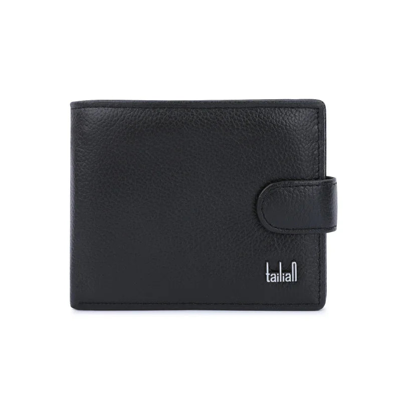 Black leather men's wallet with textured finish and snap closure, branded Tailiall