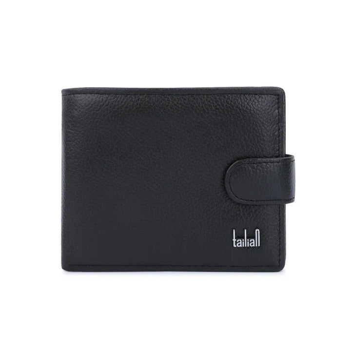 Black leather men's wallet with textured finish and snap closure, branded Tailiall