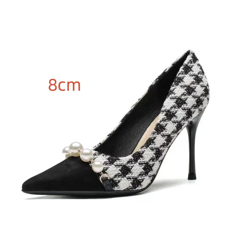 8cm black and white houndstooth high heel pump with pearl embellishments and pointed toe