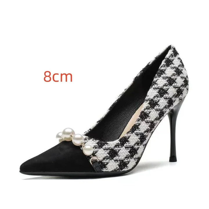 8cm black and white houndstooth high heel pump with pearl embellishments and pointed toe