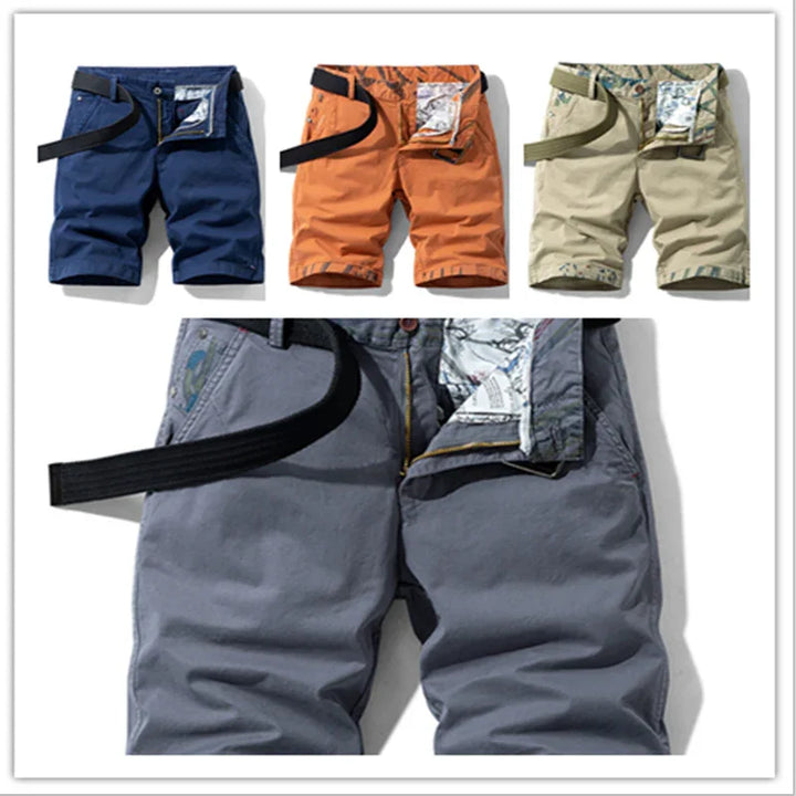 Casual men's shorts in blue, orange, beige, and gray with woven belts and patterned inner lining