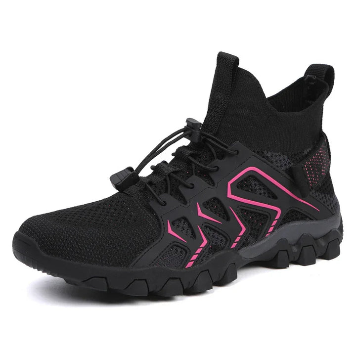 Black high-top knit sneaker with pink geometric accents and rugged sole, elastic lace closure