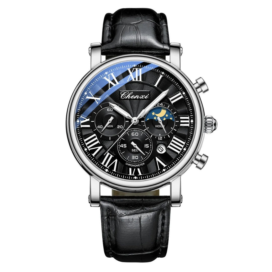 Chenxi men's black leather strap chronograph watch with Roman numerals and moon phase dial