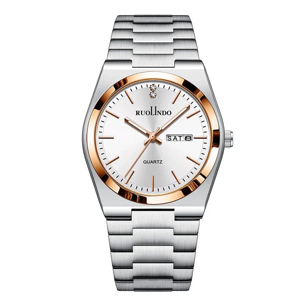 Silver RUOLINDO quartz watch with rose gold bezel, white dial, day-date display, and stainless steel band