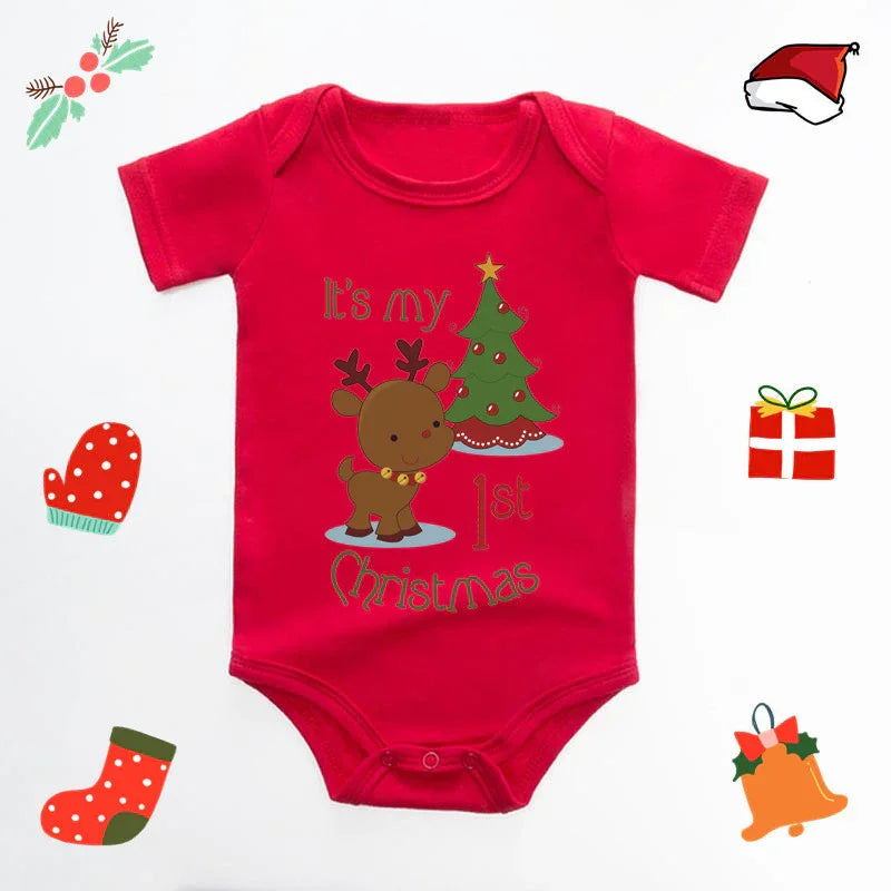 Red baby onesie with reindeer and Christmas tree graphic and text It's my 1st Christmas