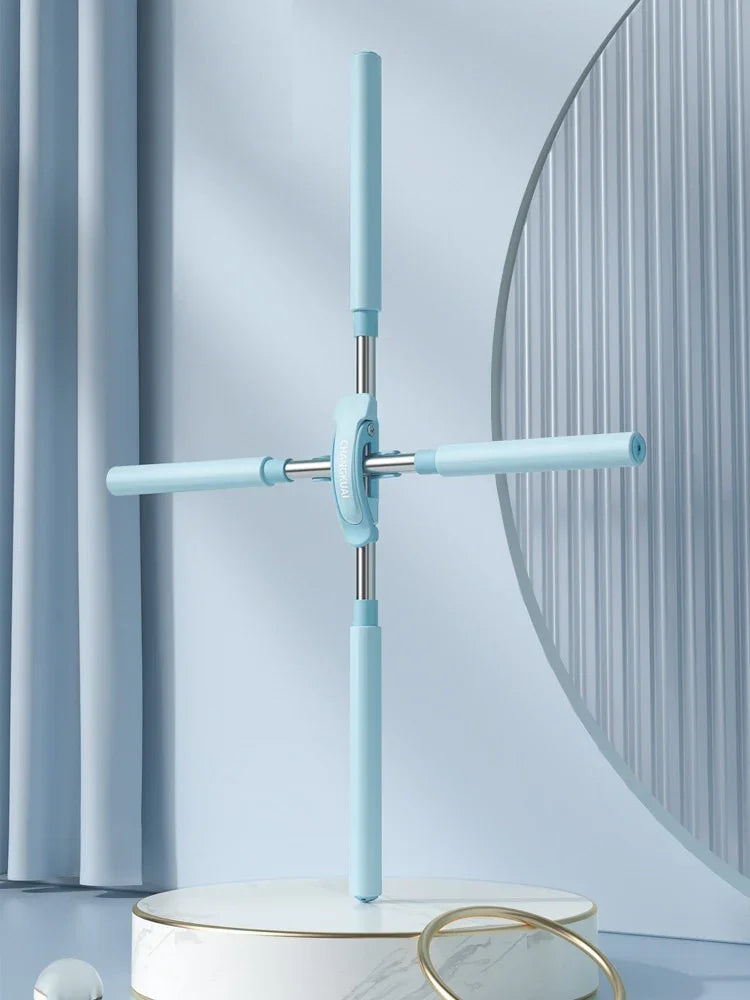 Adjustable blue stretching stick tool with four arms on a round marble pedestal, modern background