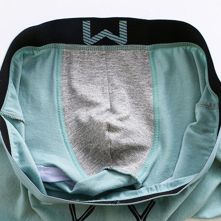 Inside view of light green men's boxer briefs with gray pouch and black waistband featuring a 'W' logo