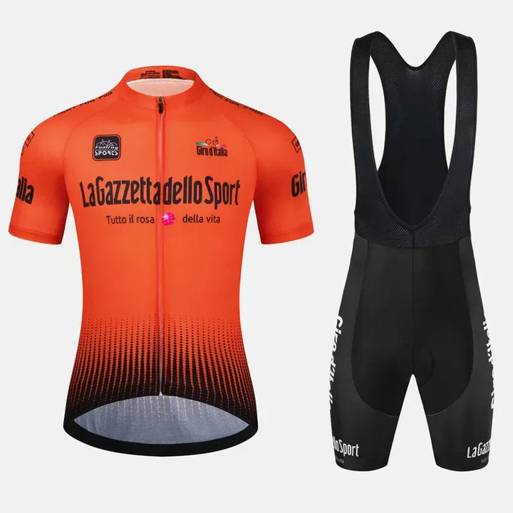 Orange Giro d'Italia cycling jersey and black bib shorts set with sponsor logos