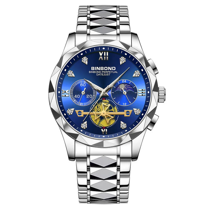 BINBOND silver stainless steel watch with blue dial, diamond hour markers, dual subdials, and mechanical gears