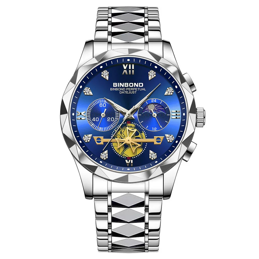 BINBOND silver stainless steel watch with blue dial, diamond hour markers, and intricate gear design