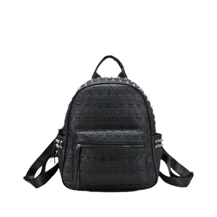 Black leather backpack with embossed skull pattern and silver spike studs on the top and sides