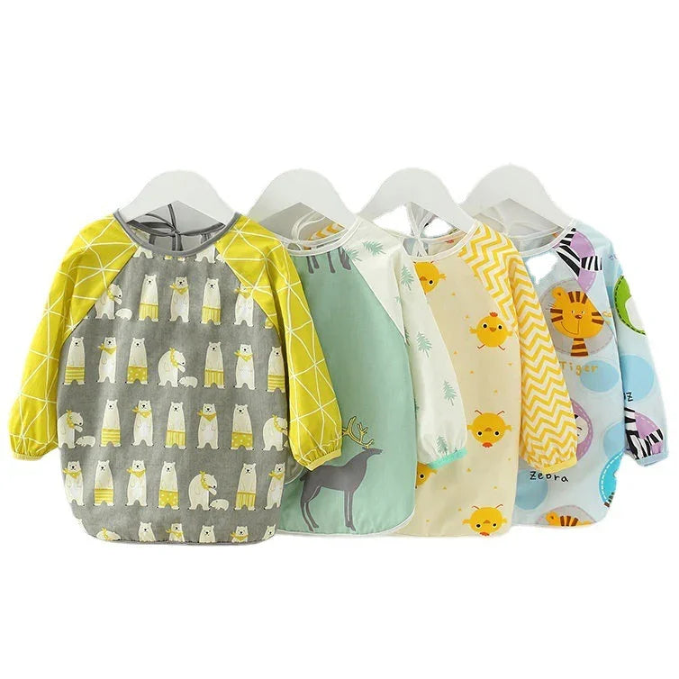 Set of colorful long-sleeve baby bibs featuring bears, deer, yellow chicks, tiger, and zebra prints