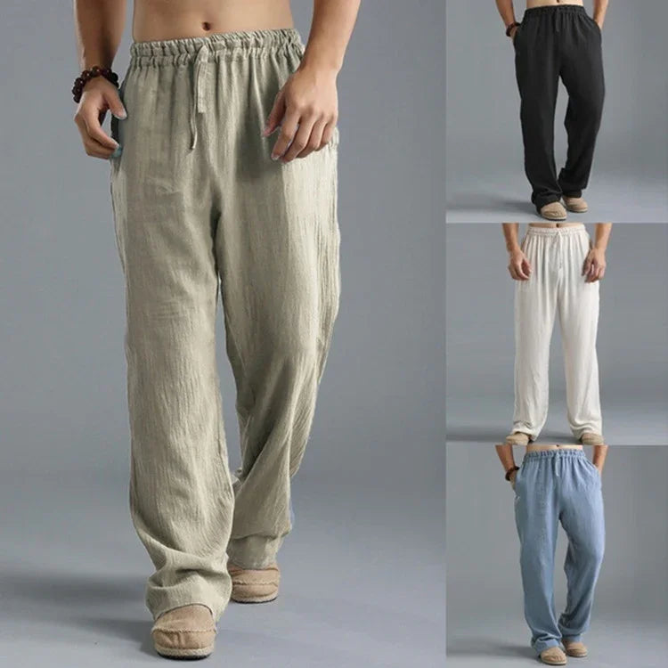Men's casual loose linen pants in beige, black, white, and blue colors with elastic waist