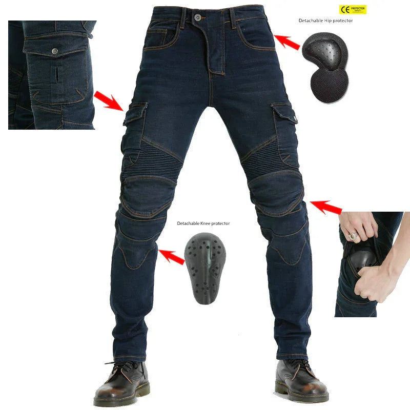 Motorcycle jeans with detachable knee and hip protectors, reinforced denim, cargo pockets.