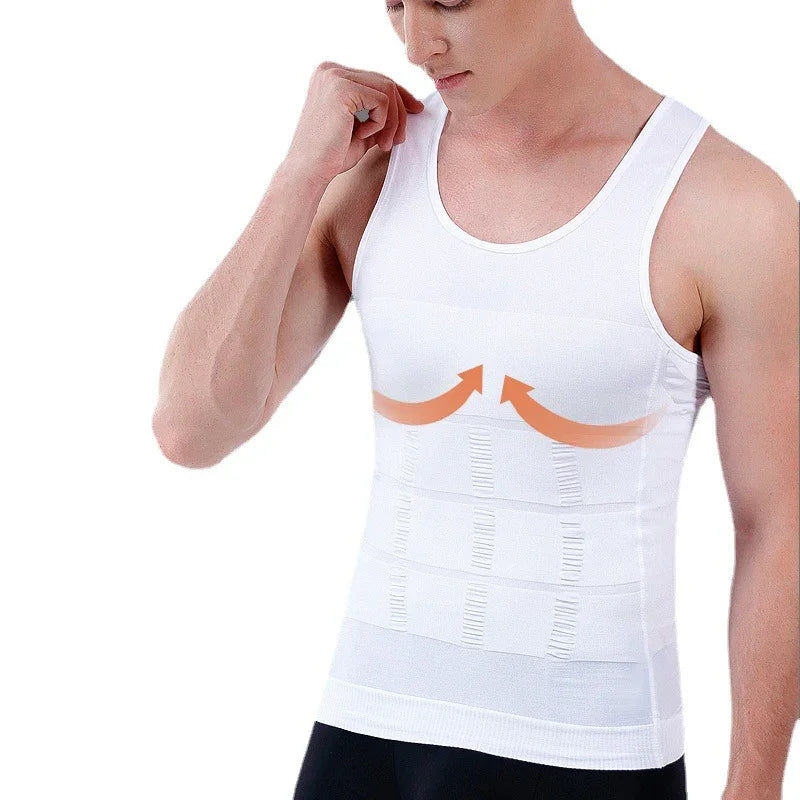 Man wearing white compression tank top with arrows indicating chest support and shaping