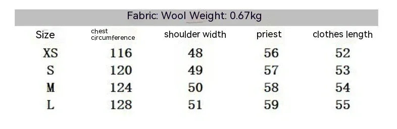 Clothing size chart for wool fabric with chest, shoulder, sleeve length, and clothes length measurements for XS to L