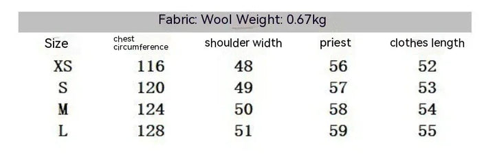 Clothing size chart for wool fabric with chest, shoulder, sleeve length, and clothes length measurements for XS to L