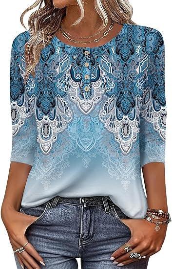 Woman wearing blue and white patterned long-sleeve blouse with button details, paired with jeans