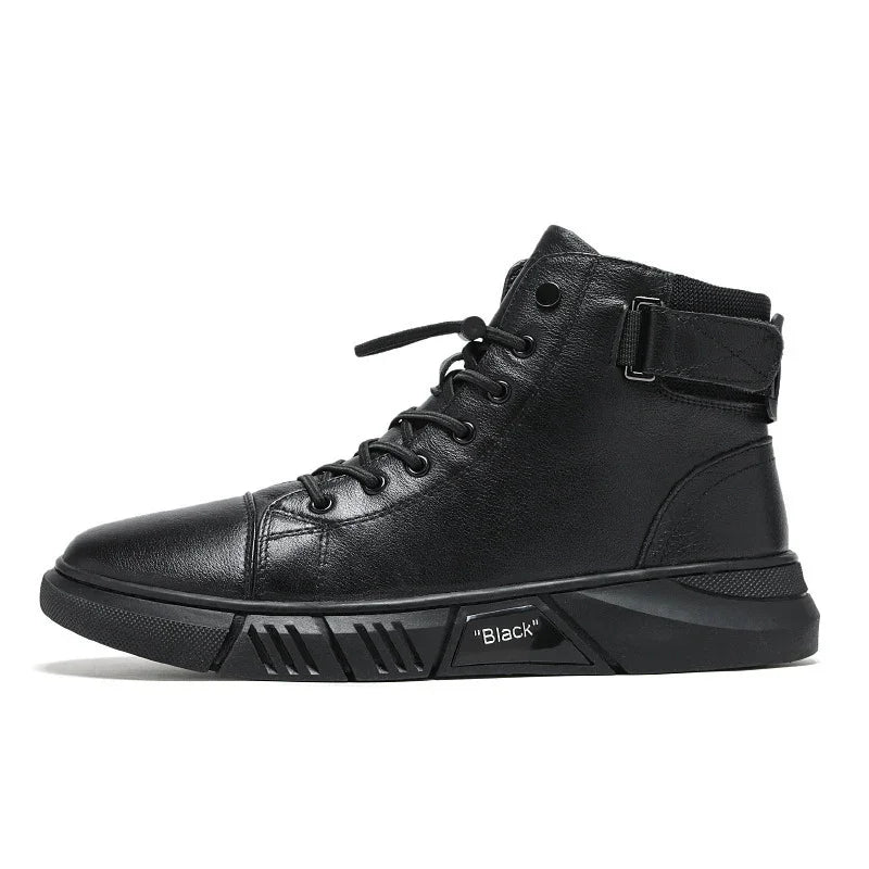 Black high-top sneaker with lace-up front, ankle strap, and chunky sole labeled 'Black'