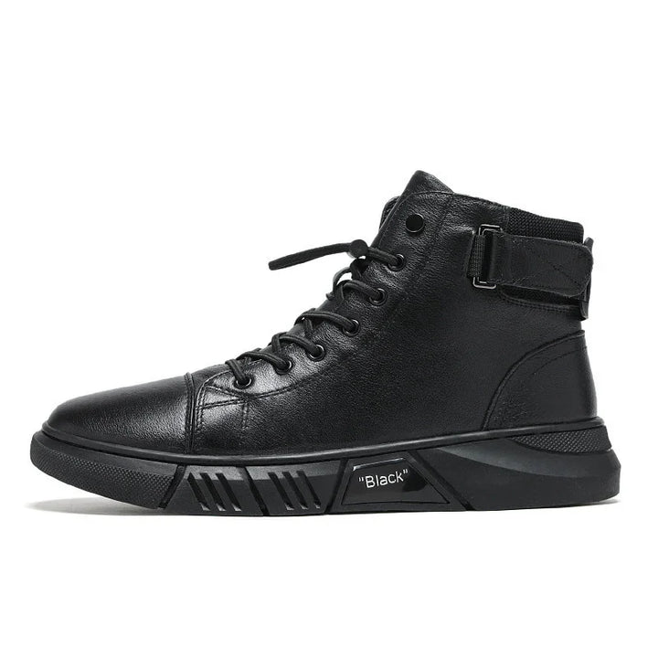 Black high-top sneaker with lace-up front, ankle strap, and chunky sole labeled 'Black'