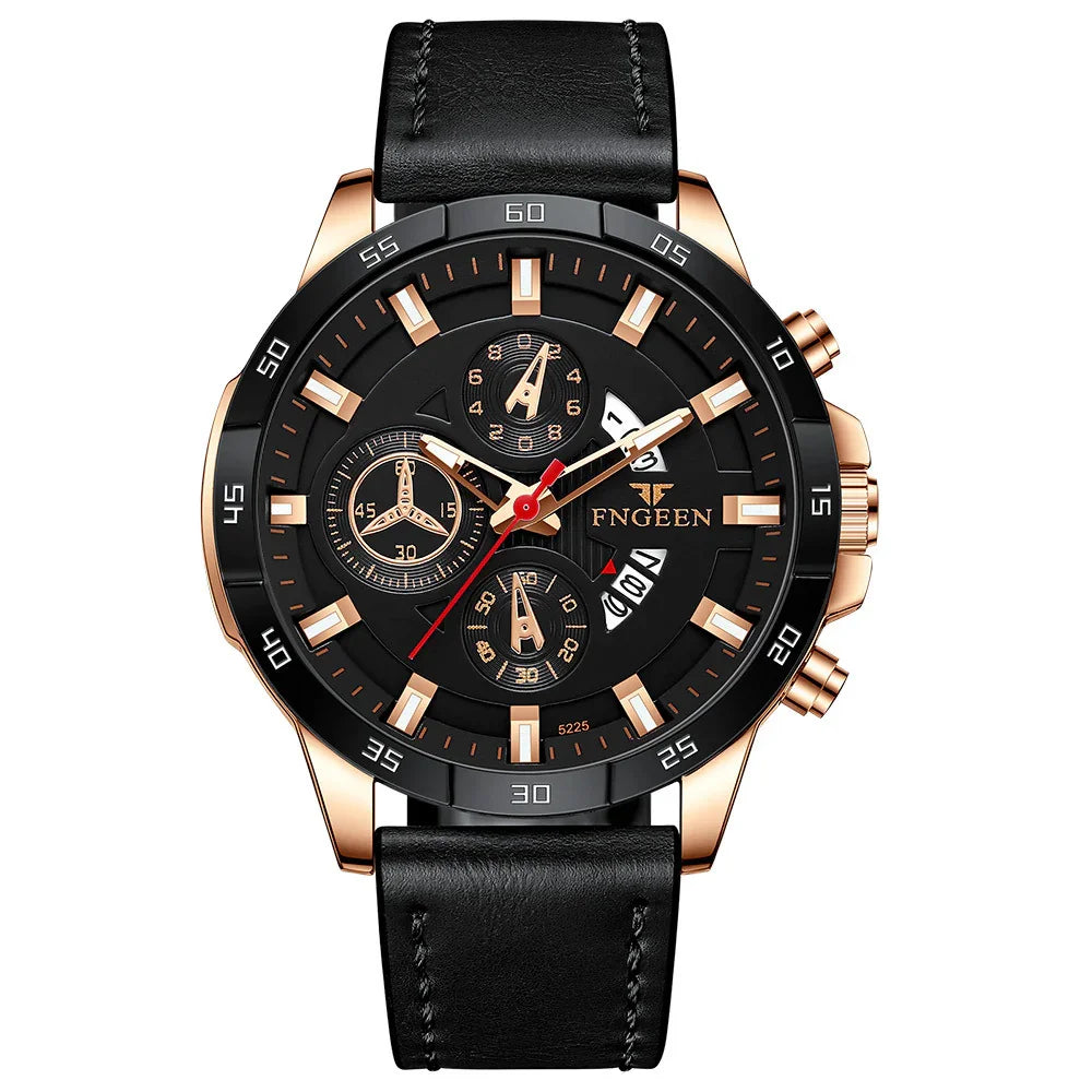 Fingeen men's black and rose gold chronograph wristwatch with leather strap and date display