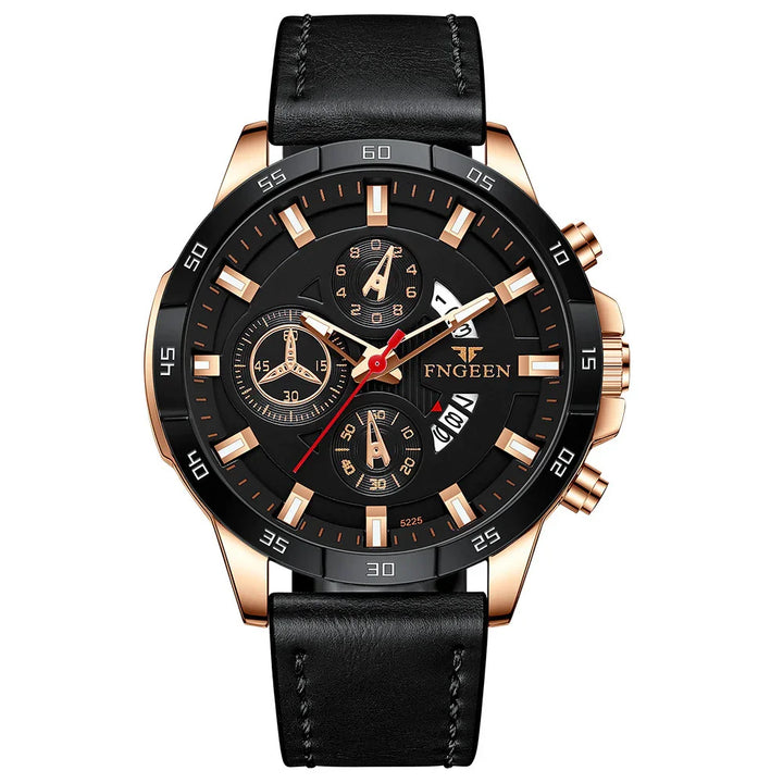 Fingeen men's black and rose gold chronograph wristwatch with leather strap and date display