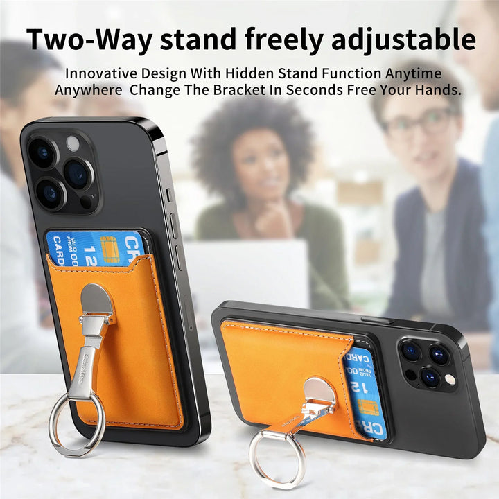 Black smartphone with orange card holder and two-way adjustable keyring stand on marble desk