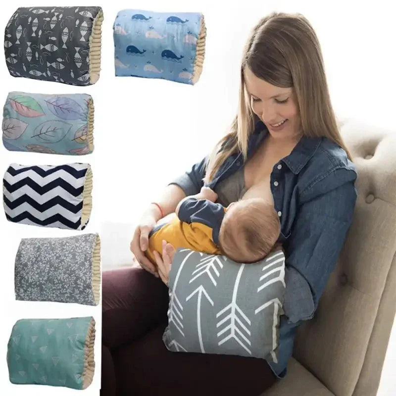 Mother breastfeeding baby using gray pillow with white arrow pattern, with six colorful nursing pillow covers displayed