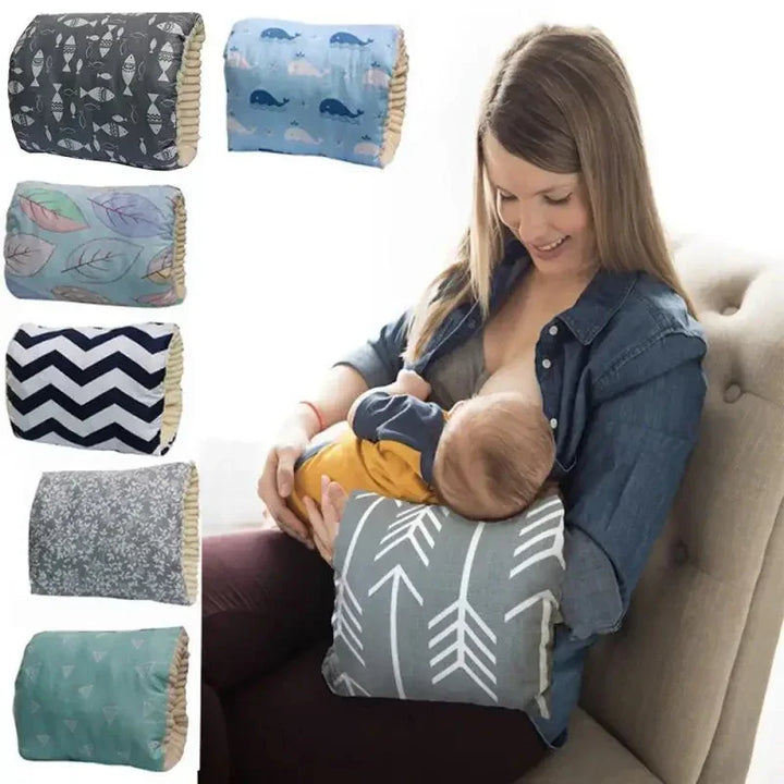 Mother breastfeeding baby using gray pillow with white arrow pattern, with six colorful nursing pillow covers displayed