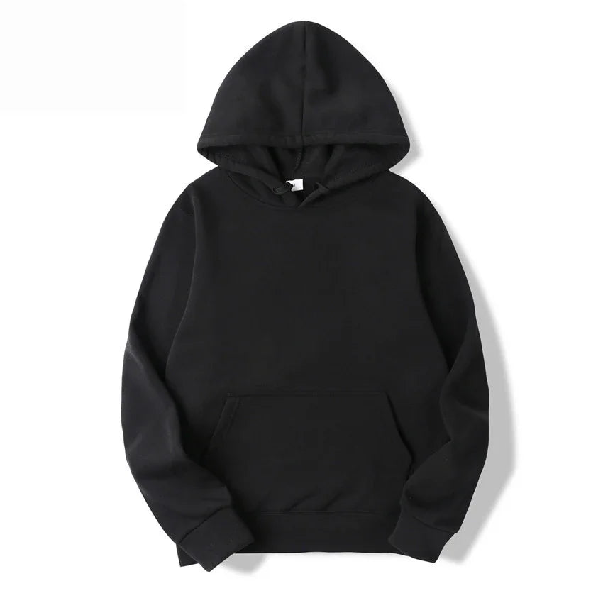 Black hooded sweatshirt with front kangaroo pocket and long sleeves on white background