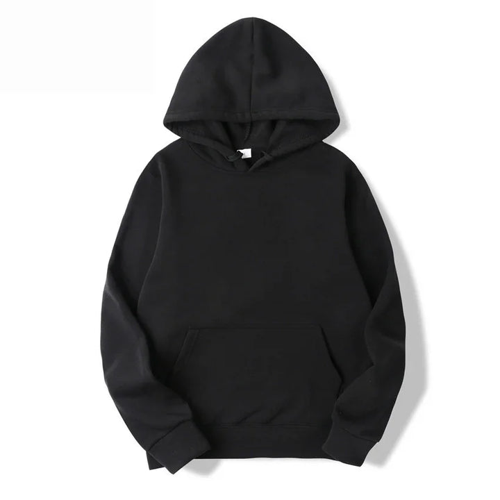 Black hooded sweatshirt with front kangaroo pocket and long sleeves on white background