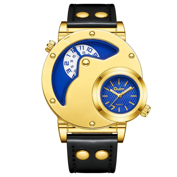 Gold-tone Oulm quartz watch with blue dual dials and black leather strap with gold studs