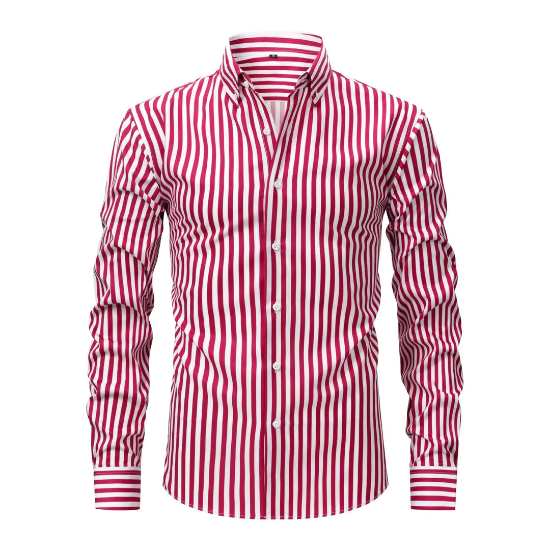 Men's long sleeve button-up shirt with vertical red and white stripes and collar