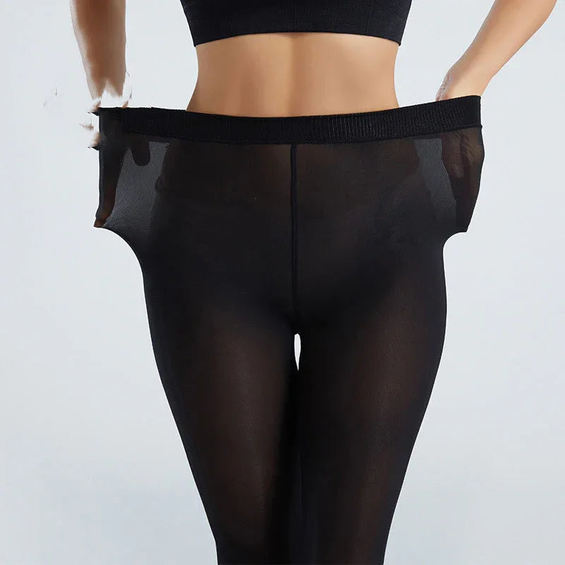 Woman wearing black sheer stretch leggings showing high elasticity by pulling waistband