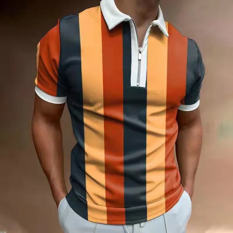 Men's short sleeve polo shirt with vertical orange, black, and yellow stripes and white collar and cuffs