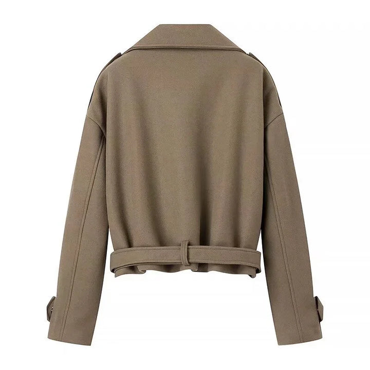 Back view of a cropped brown wool blend jacket with collar and belted waist