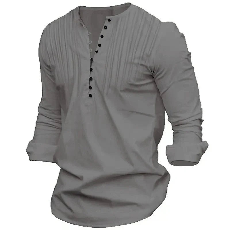 Gray long-sleeve mens casual shirt with buttoned neckline and rolled cuffs