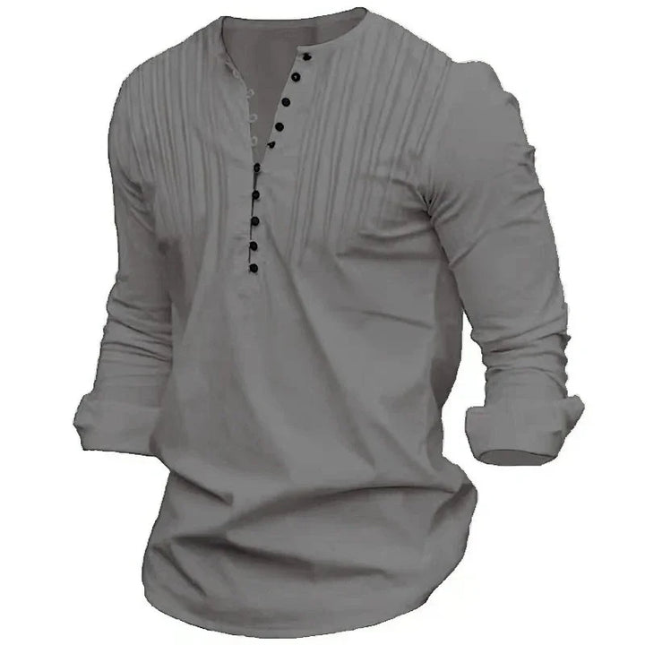 Gray long-sleeve mens casual shirt with buttoned neckline and rolled cuffs