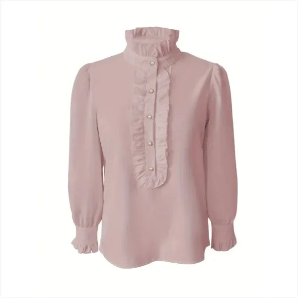 Light pink long-sleeve blouse with ruffled high neck and pearl buttons on front placket