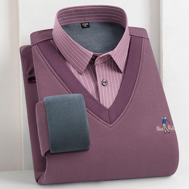 Folded purple men's V-neck sweater with pink striped dress shirt and embroidered logo