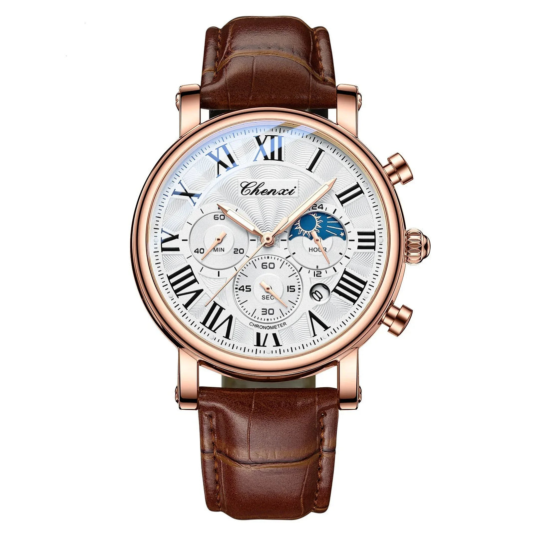 Chenxi men's chronometer wristwatch with brown leather strap, rose gold case, white dial, Roman numerals