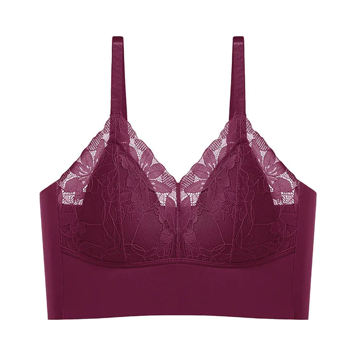 Deep purple lace bralette with floral pattern and adjustable straps on white background