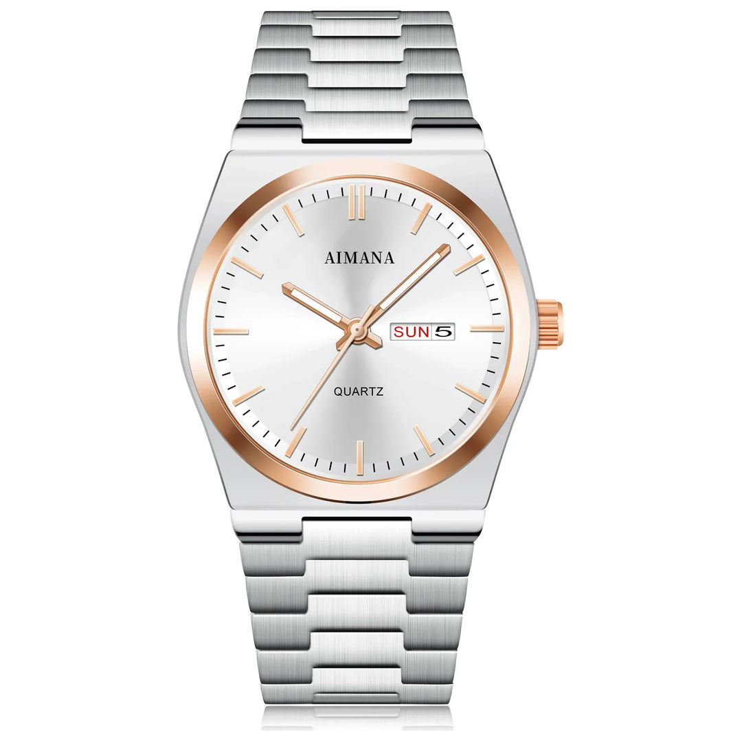 Silver and rose gold AIMANA quartz wristwatch with date and day display on metal band
