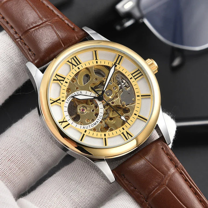 Luxury Longlux automatic skeleton watch with gold bezel, Roman numerals, and brown leather strap