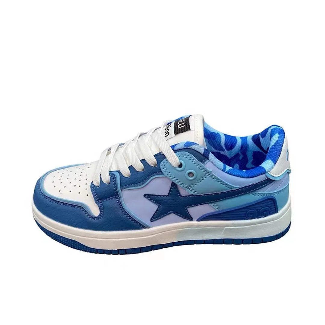 Blue and white low-top sneaker with star logo and blue camouflage inner lining