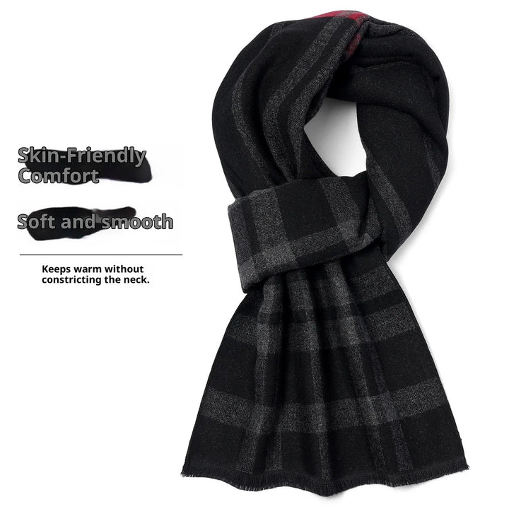 Soft black and gray plaid scarf wrapped with text highlighting skin-friendly comfort and warmth