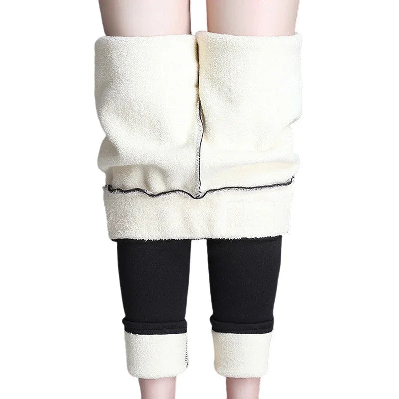 Warm thick fleece leggings with black inner layer and cream outer fold-over lining