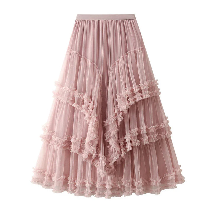 Pink layered tulle midi skirt with ruffle and bow details on white background