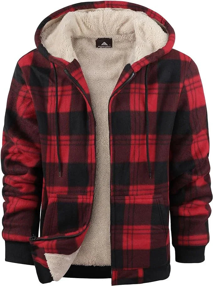 Red and black plaid fleece jacket with hood and beige sherpa lining, zipped front, and pockets